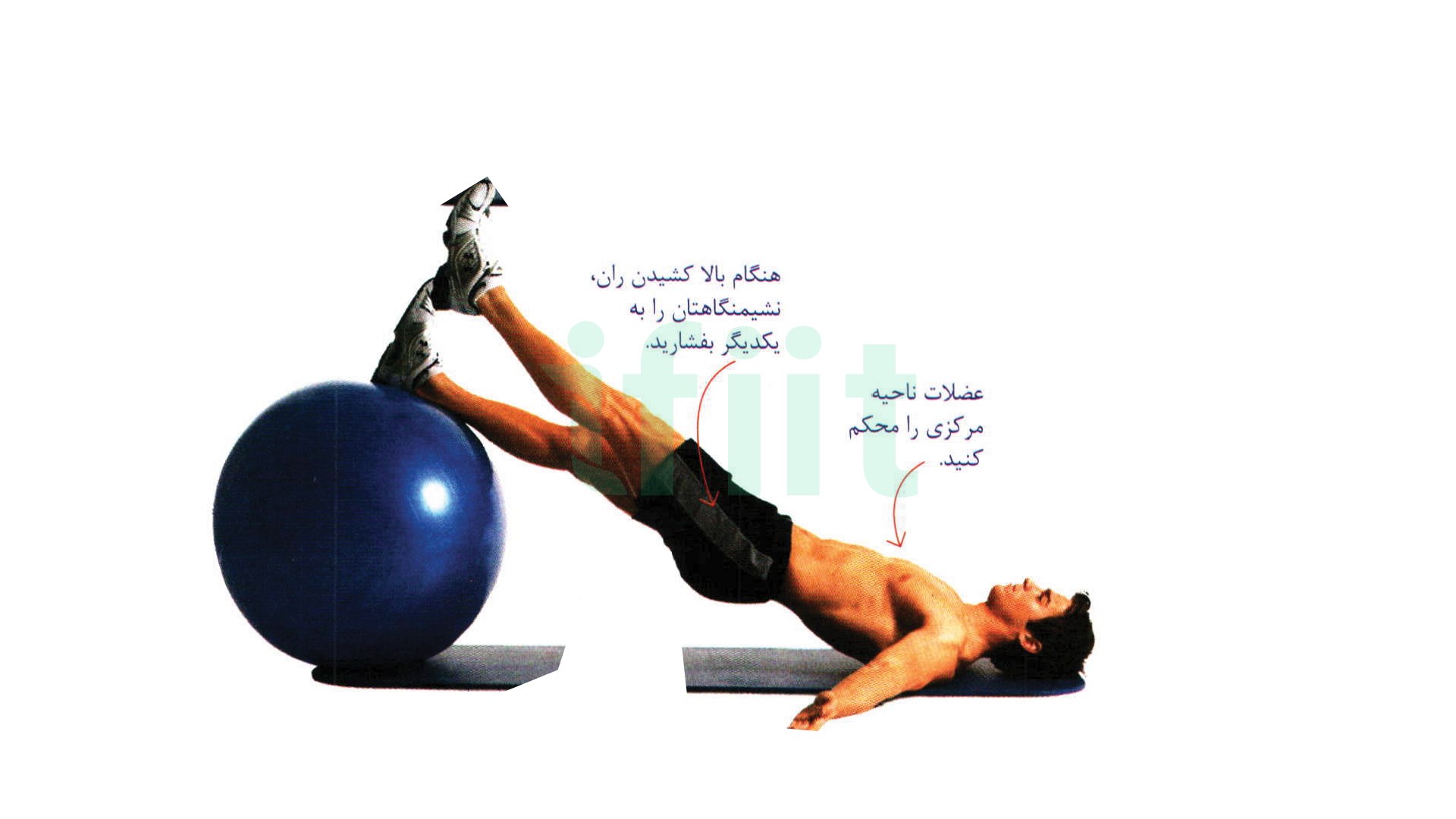 بالا کشیدن ران تک پا روی توپ سوییسی  و حرکت پشت ران 